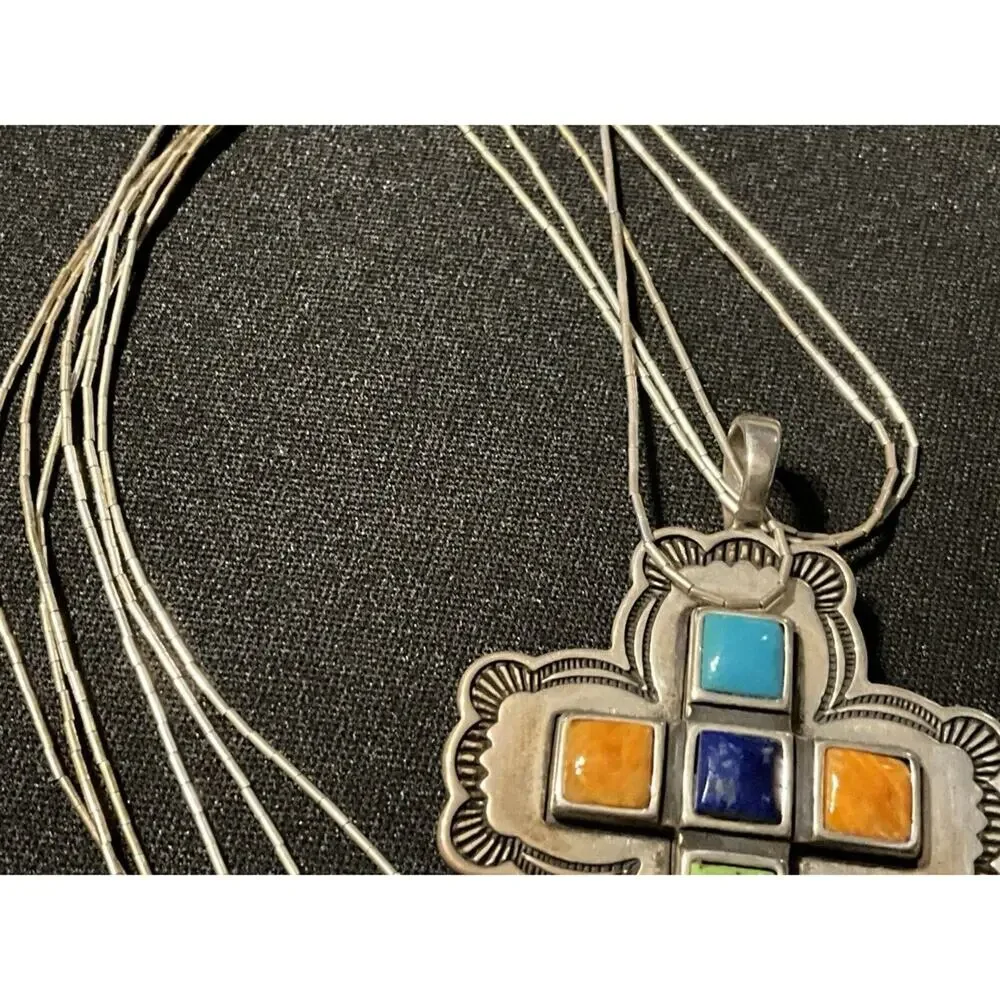 Don Lucas Cross Necklace. Liquid Silver, Turquoise, Spiny Oyster, Lapis, Coral